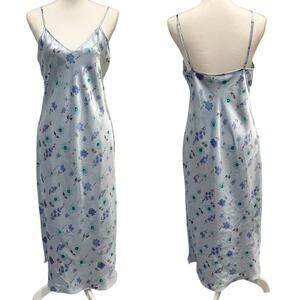 Gilligan & O’Malley Vintage Pastel Blue Floral Coquette Satin Midi Chemise Slip